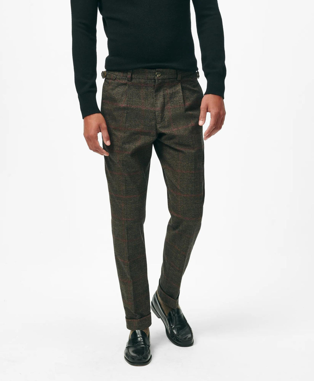 Pleated Side-Tab Pants in Check Cotton Blend