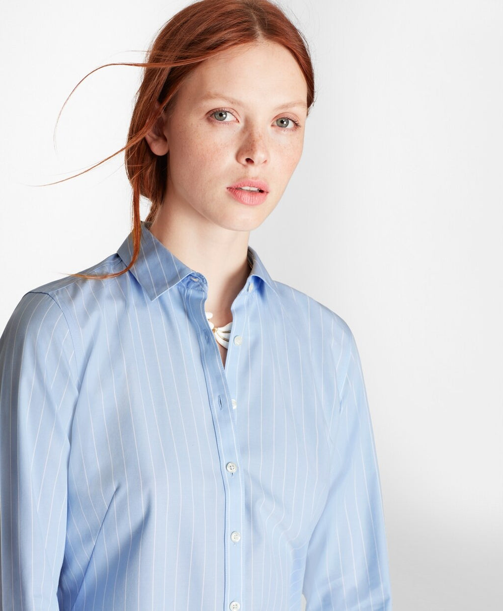 Petite Non-Iron Wide-Striped Stretch-Cotton Poplin Fitted Shirt