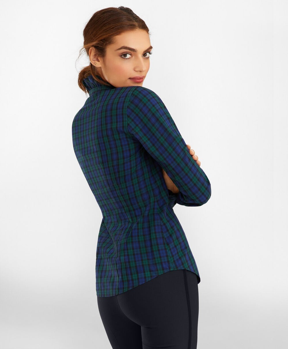 Petite Non-Iron Black Watch Tartan Supima® Cotton-Blend Ruffle-Collar Blouse