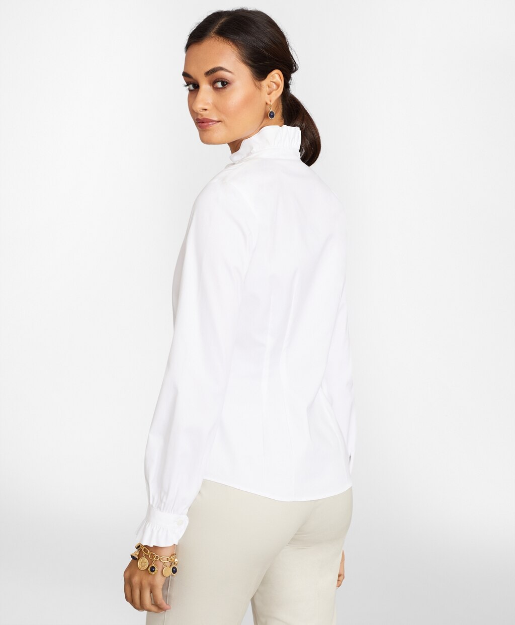 Petite Non-Iron Stretch Supima® Cotton Ruffle Pinpoint Oxford Dress Shirt