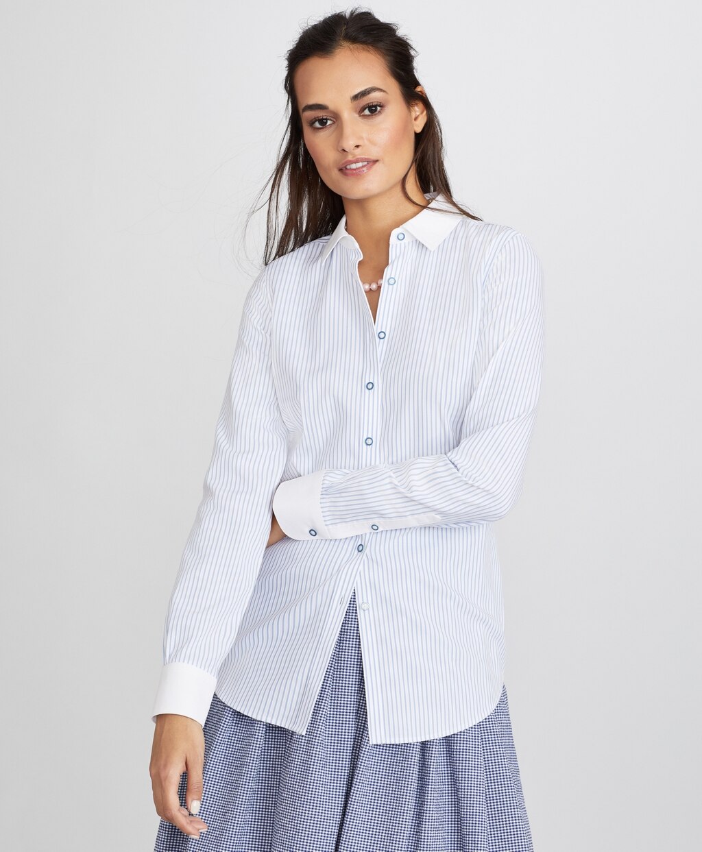 Petite Non-Iron Striped Supima® Cotton Dobby Contrast-Collar Fitted Shirt