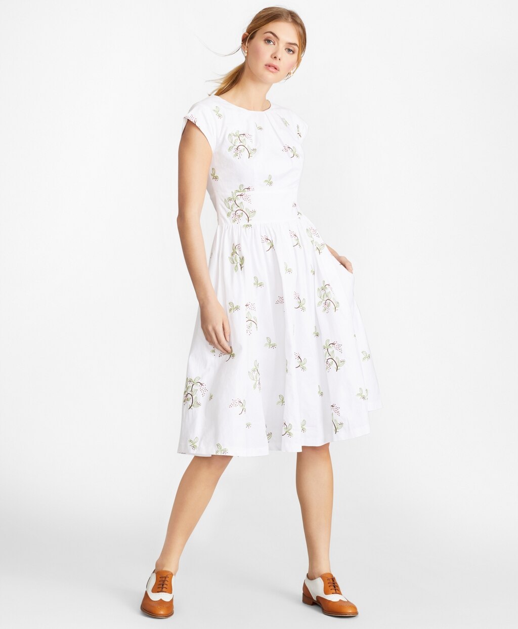 Petite Floral-Embroidered Plaid Jacquard Cotton Dress