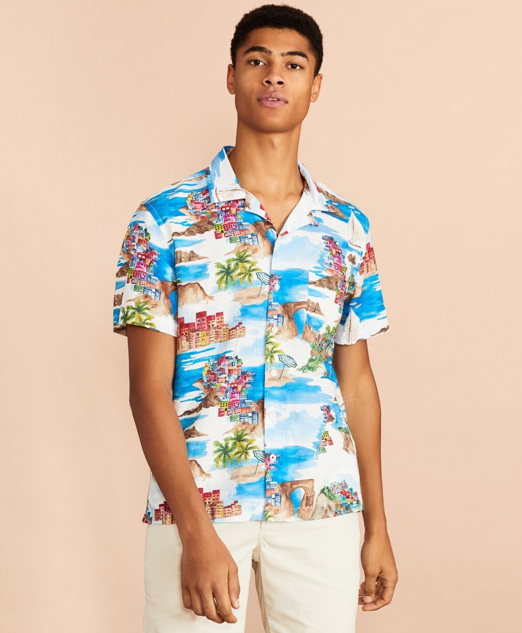 Coastal-Print Linen-Cotton Camp Collar Short-Sleeve Shirt