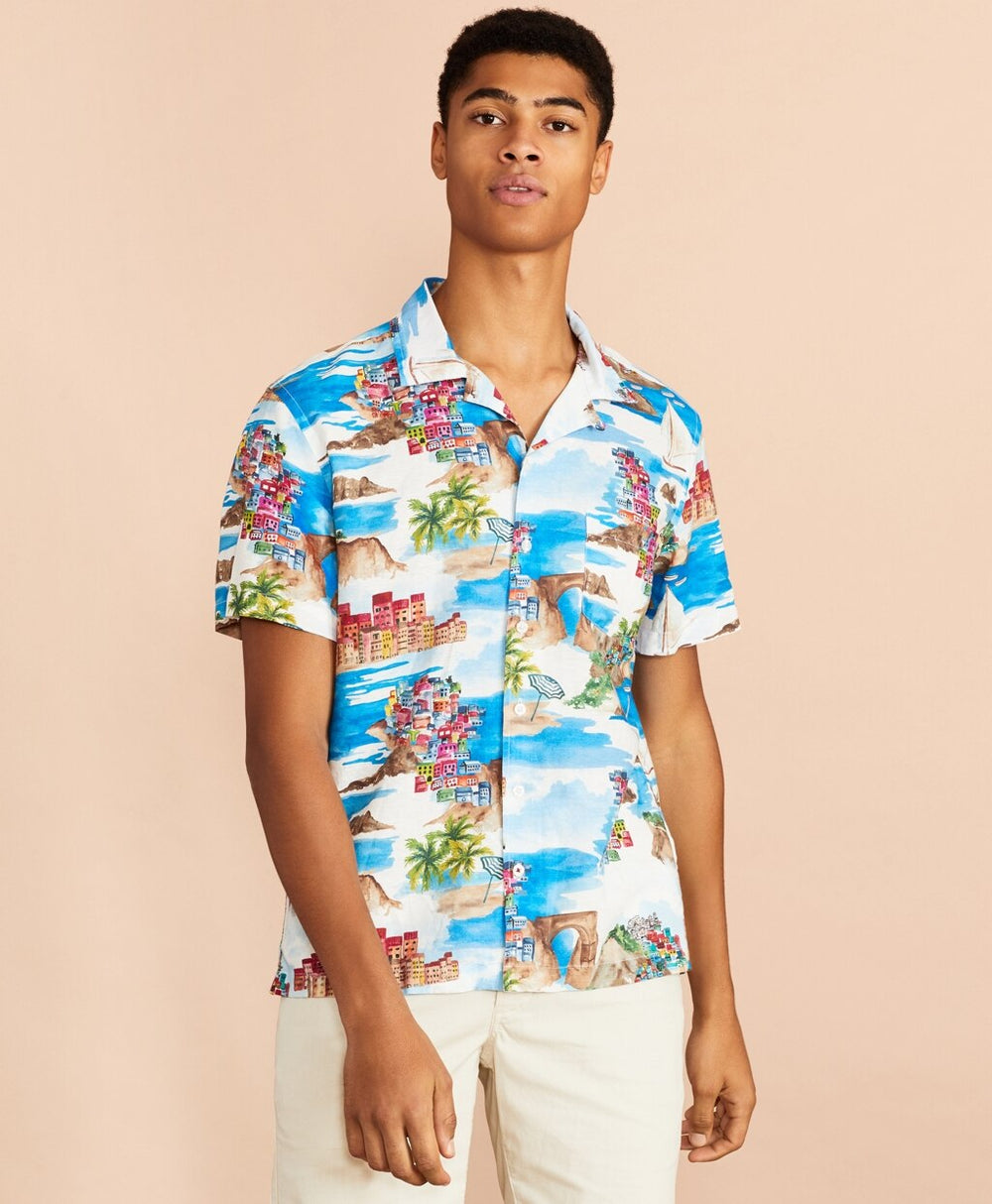 Coastal-Print Linen-Cotton Camp Collar Short-Sleeve Shirt