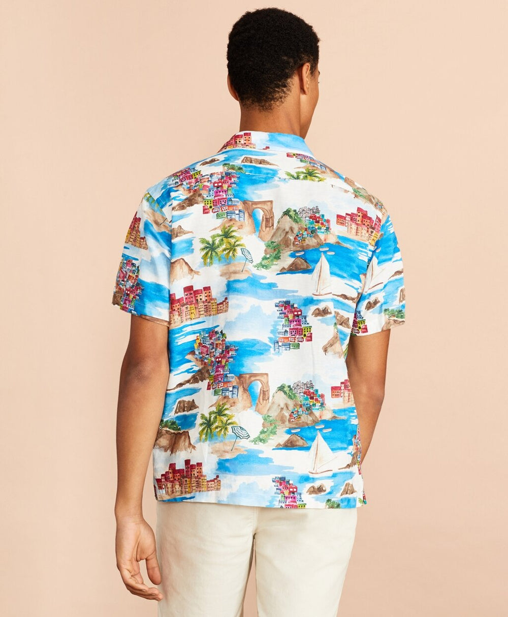 Coastal-Print Linen-Cotton Camp Collar Short-Sleeve Shirt