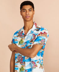 Coastal-Print Linen-Cotton Camp Collar Short-Sleeve Shirt
