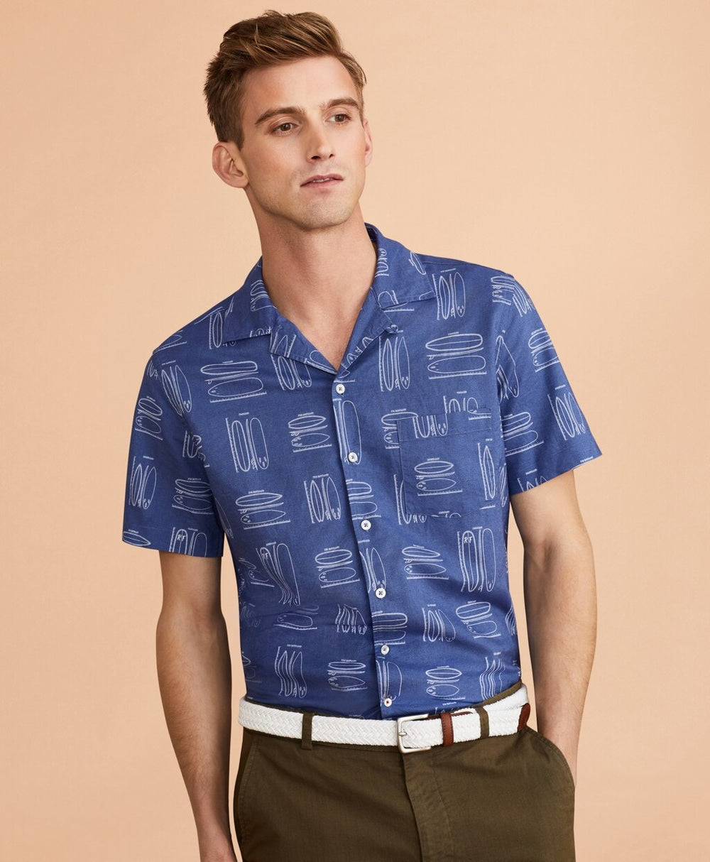 Surfboard-Print Linen-Cotton Camp Collar Short-Sleeve Shirt