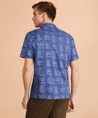 Surfboard-Print Linen-Cotton Camp Collar Short-Sleeve Shirt