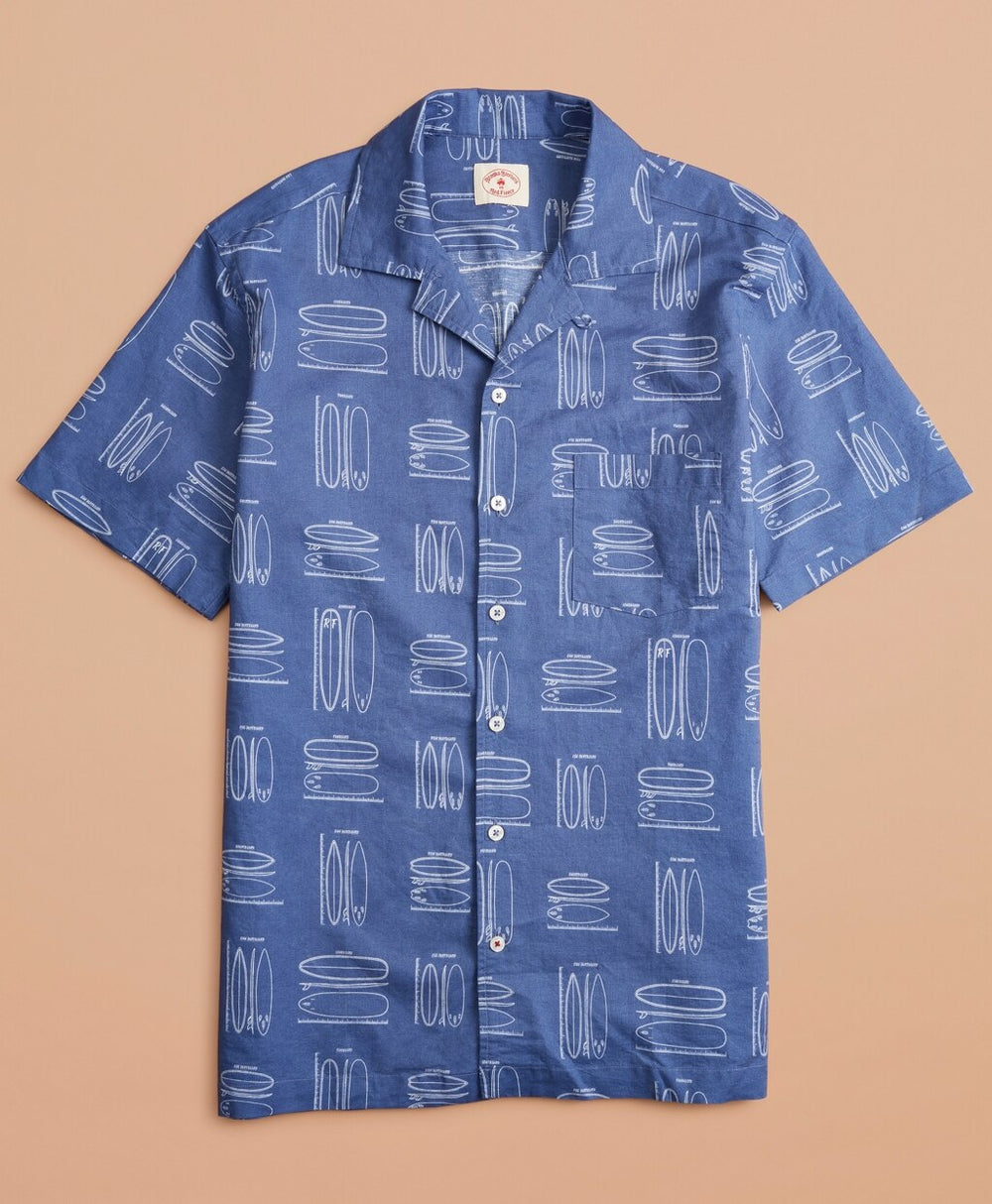 Surfboard-Print Linen-Cotton Camp Collar Short-Sleeve Shirt
