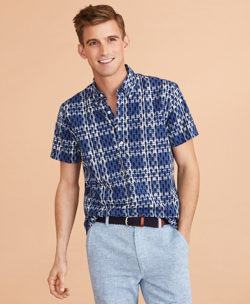 Seahorse-Print Madras Popover Shirt Short-Sleeve