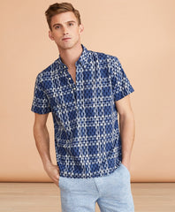 Seahorse-Print Madras Popover Shirt Short-Sleeve