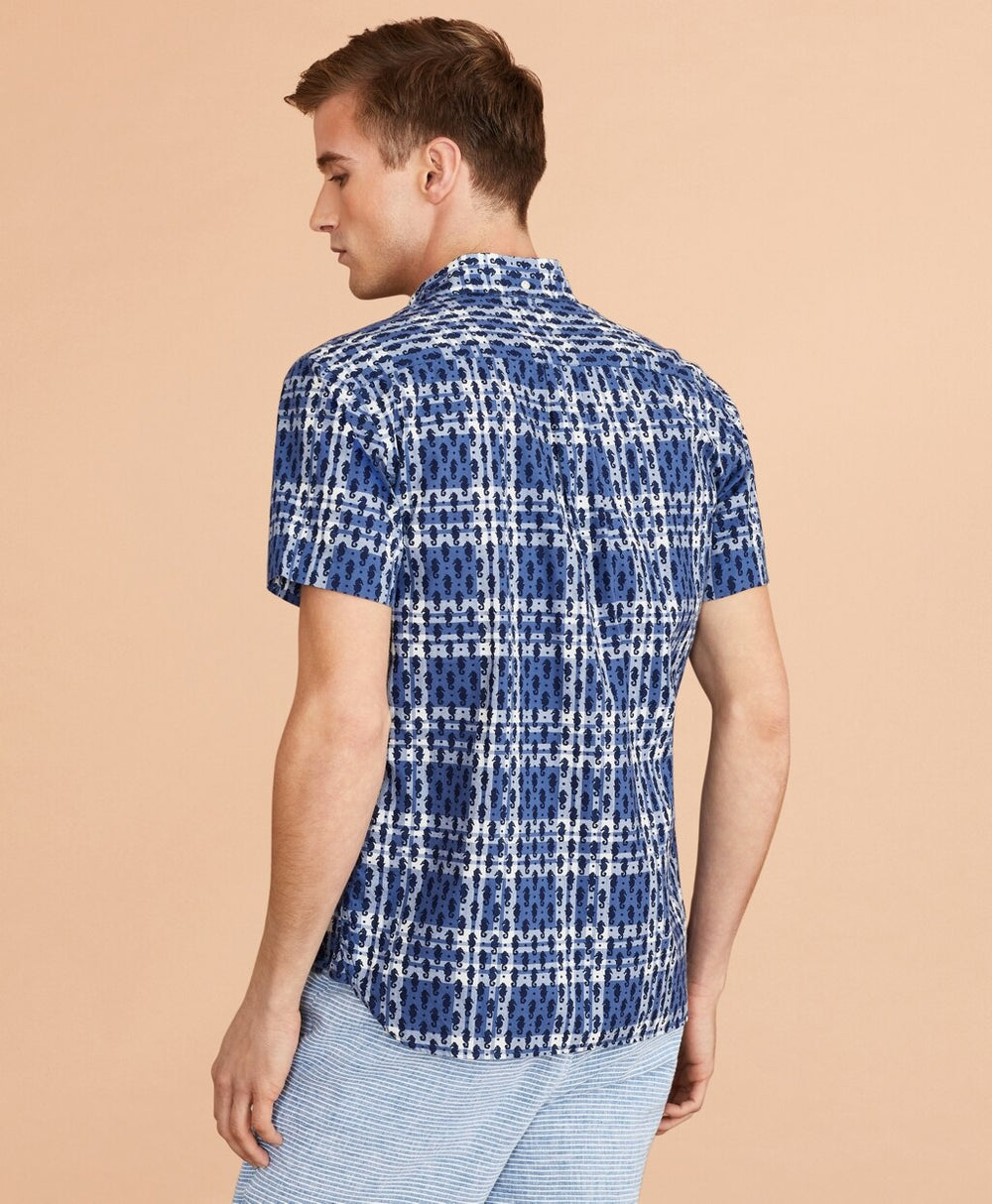 Seahorse-Print Madras Popover Shirt Short-Sleeve