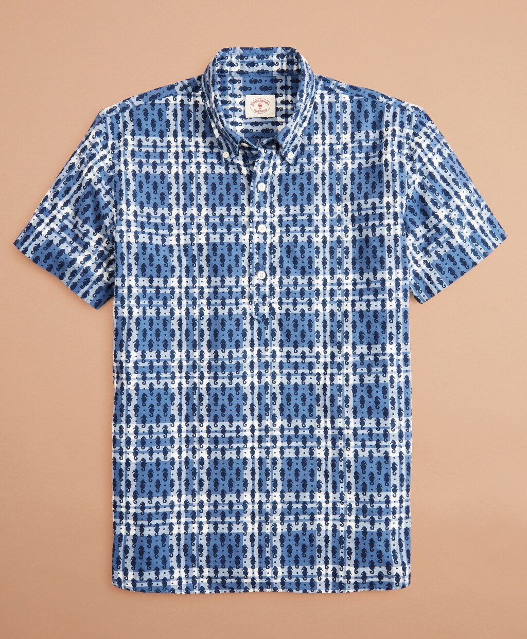 Seahorse-Print Madras Popover Shirt Short-Sleeve