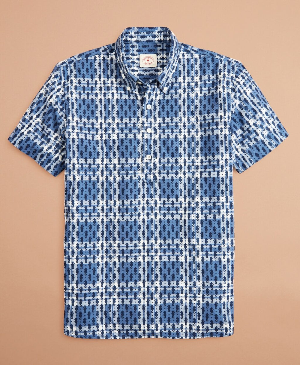 Seahorse-Print Madras Popover Shirt Short-Sleeve