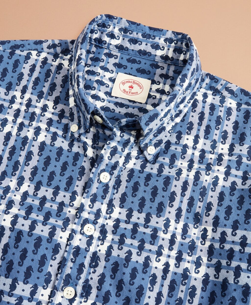 Seahorse-Print Madras Popover Shirt Short-Sleeve