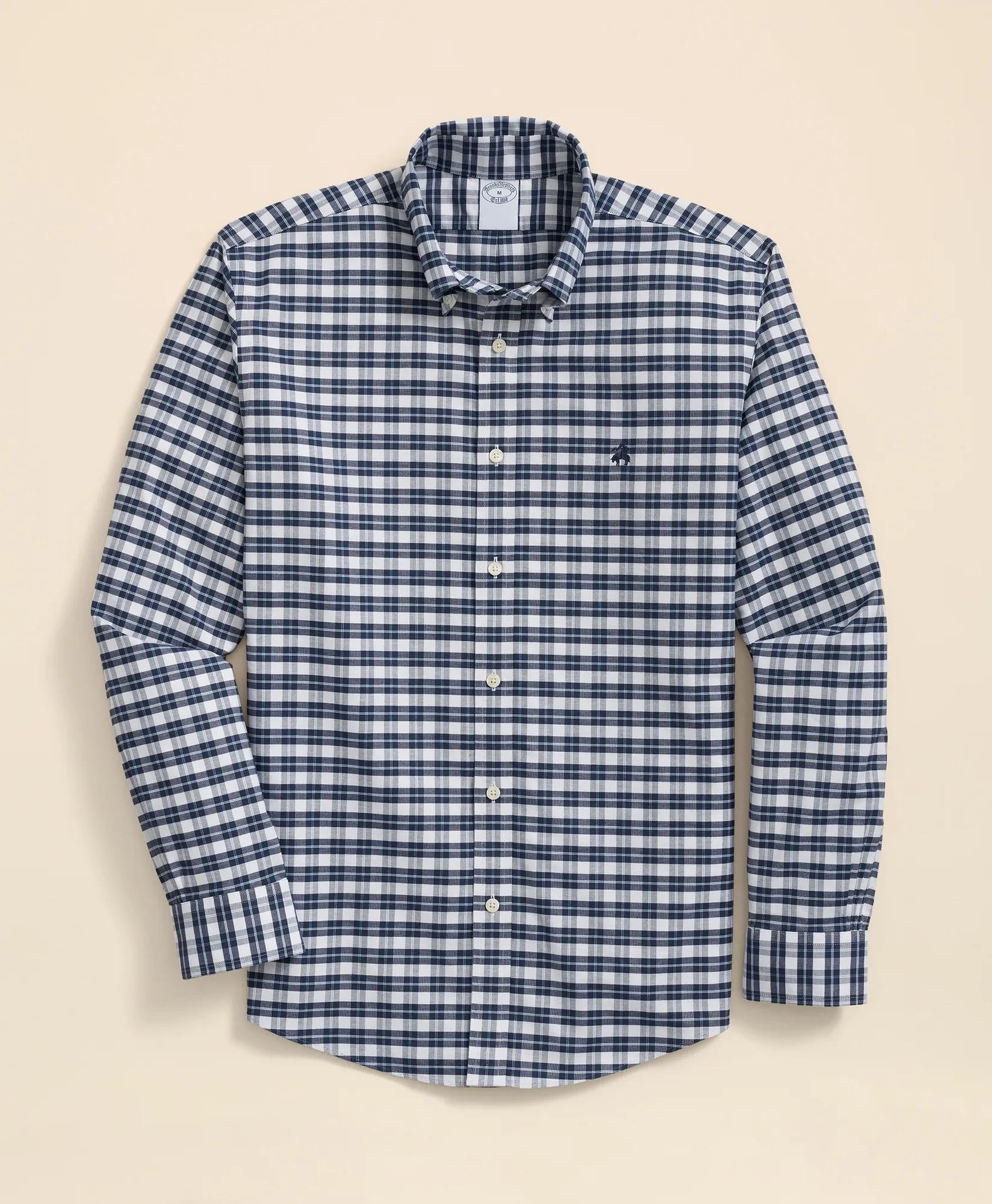 Stretch Cotton Non-Iron Oxford Polo Button Down Collar Checked Shirt