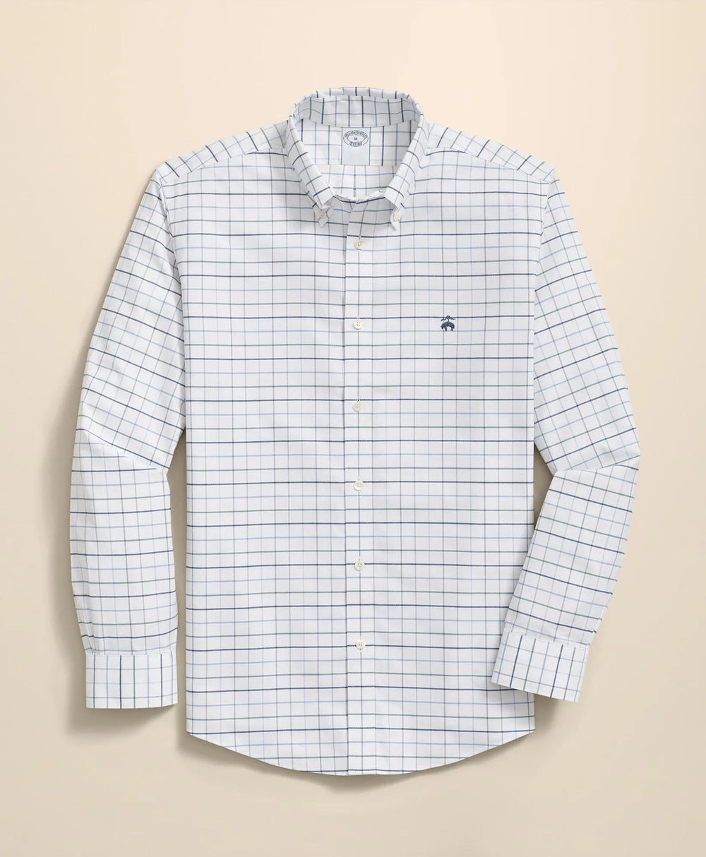 Fine Windowpane Shirt Stretch Cotton Non-Iron Oxford Polo Button Down Collar