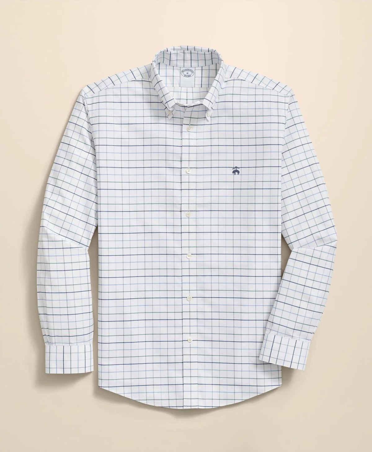 Fine Windowpane Shirt Stretch Cotton Non-Iron Oxford Polo Button Down Collar
