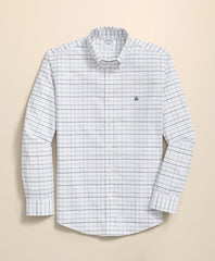 Fine Windowpane Shirt Stretch Cotton Non-Iron Oxford Polo Button Down Collar