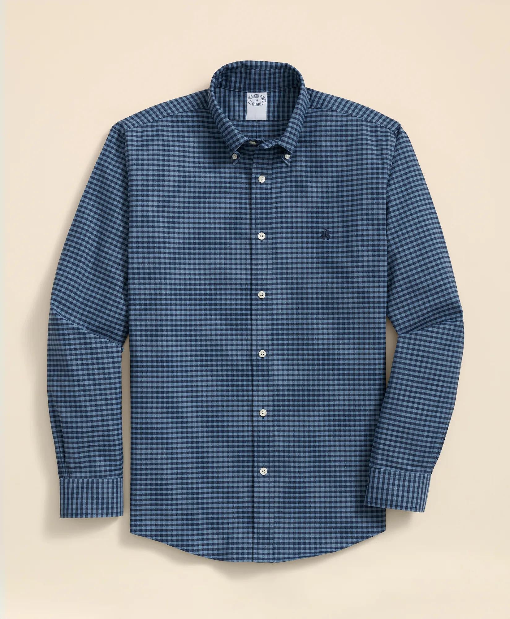 Gingham Shirt Stretch Cotton Non-Iron Oxford Polo Button Down Collar