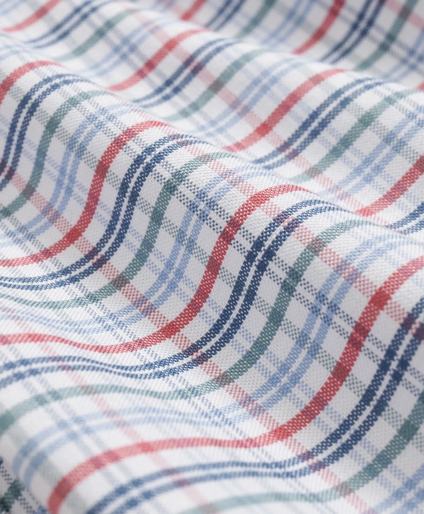 Stretch Cotton Non-Iron Oxford Polo Button Down Collar Windowpane Short-Sleeve Shirt
