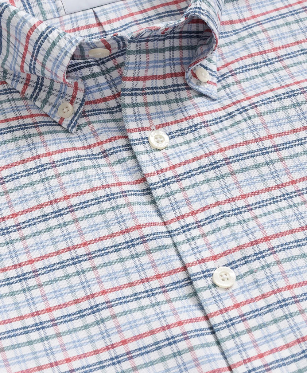 Stretch Cotton Non-Iron Oxford Polo Button Down Collar Windowpane Short-Sleeve Shirt
