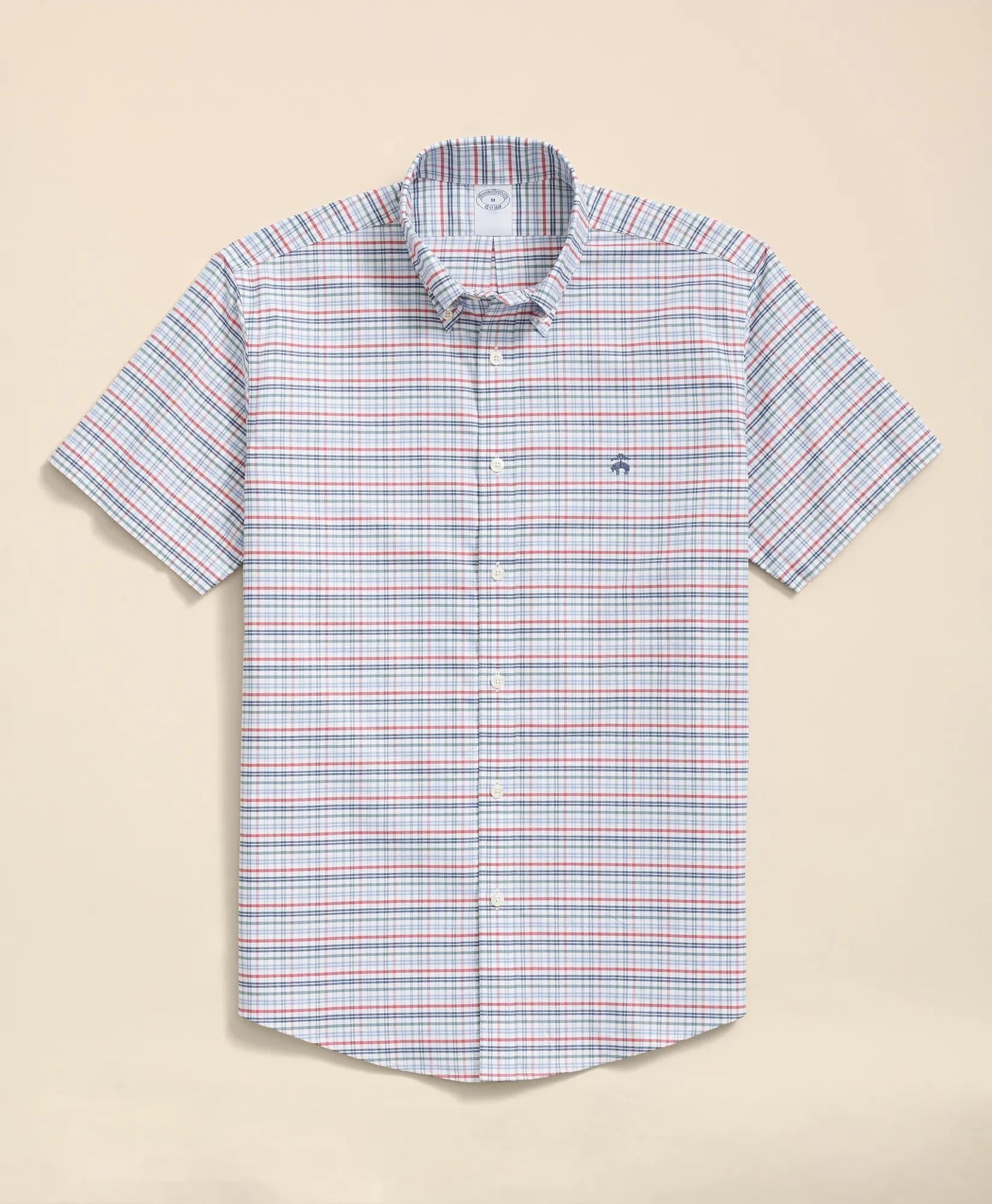 Stretch Cotton Non-Iron Oxford Polo Button Down Collar Windowpane Short-Sleeve Shirt