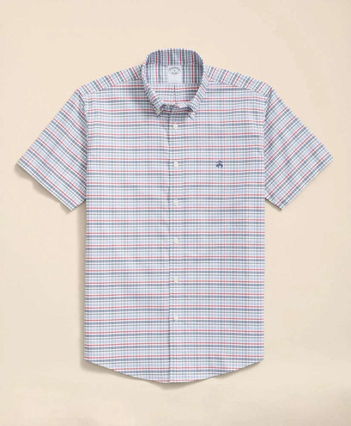 Stretch Cotton Non-Iron Oxford Polo Button Down Collar Windowpane Short-Sleeve Shirt
