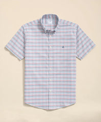 Stretch Cotton Non-Iron Oxford Polo Button Down Collar Windowpane Short-Sleeve Shirt