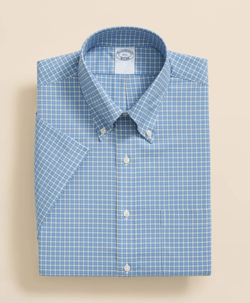 Checked Short-Sleeve Dress Shirt Stretch Supima® Cotton Non-Iron Broadcloth Polo Button-Down Collar