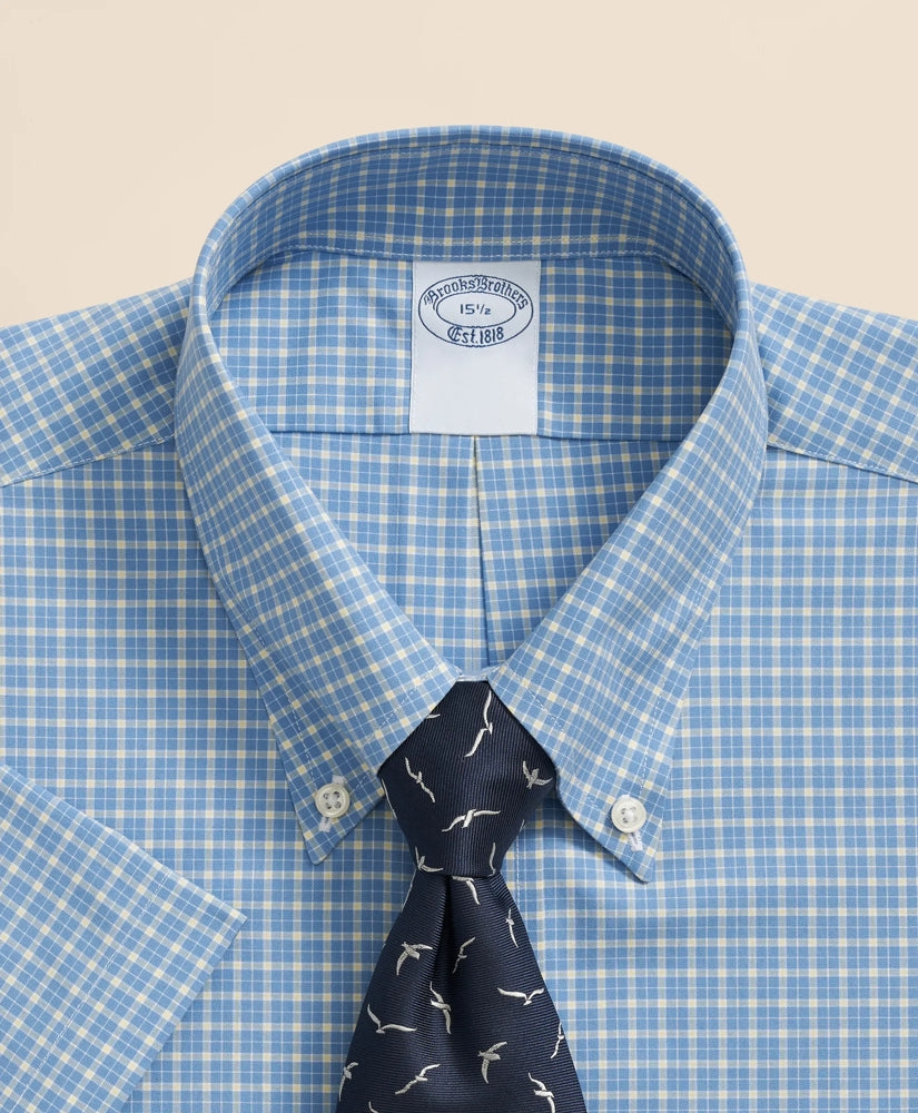 Checked Short-Sleeve Dress Shirt Stretch Supima® Cotton Non-Iron Broadcloth Polo Button-Down Collar