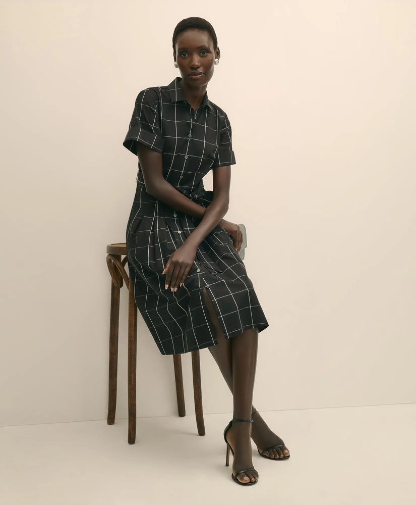 Supima® Cotton Belted Windowpane Shirt Dress