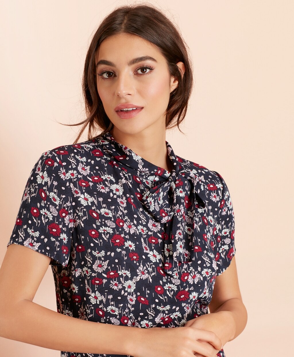 Floral-Print Crepe Tie-Neck Blouse
