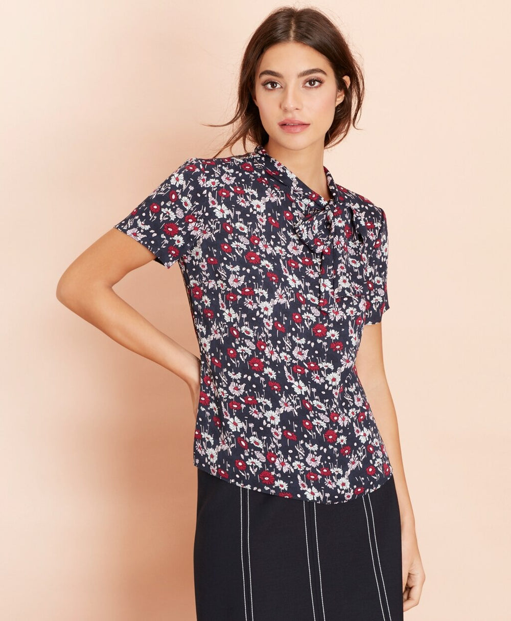 Floral-Print Crepe Tie-Neck Blouse