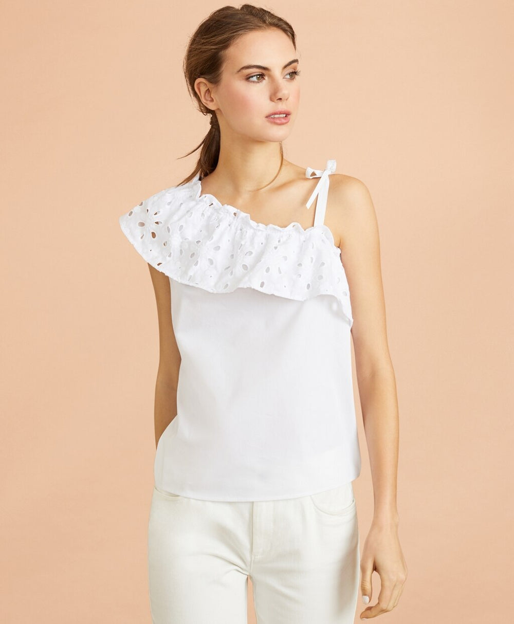 Eyelet Ruffle-Trim One-Shoulder Top