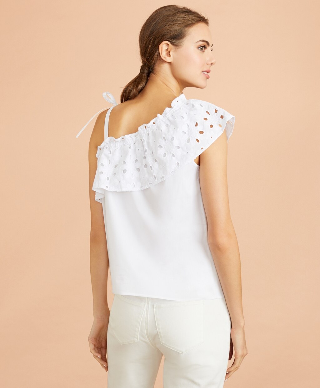 Eyelet Ruffle-Trim One-Shoulder Top