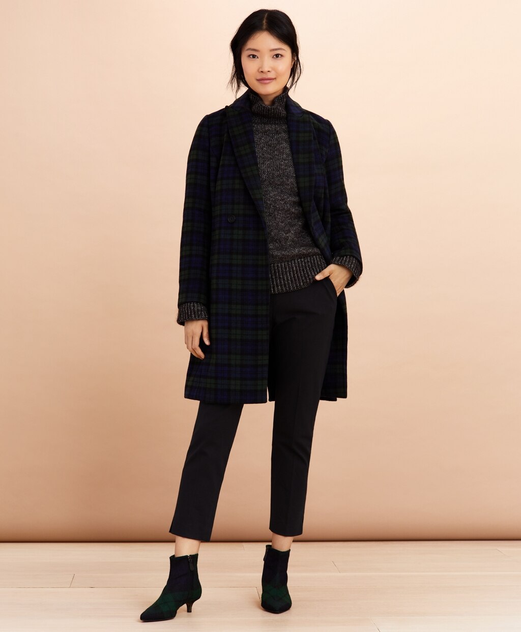 Black Watch Tartan Wool-Blend Double-Breasted Coat