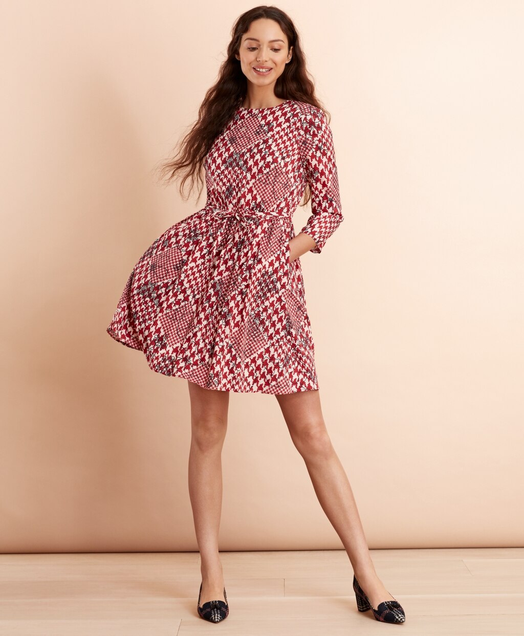 Floral Houndstooth-Print Dress