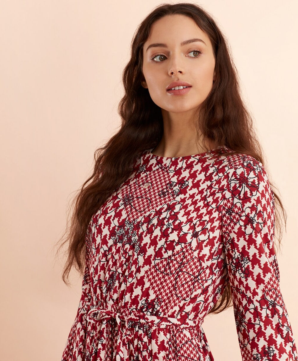 Floral Houndstooth-Print Dress