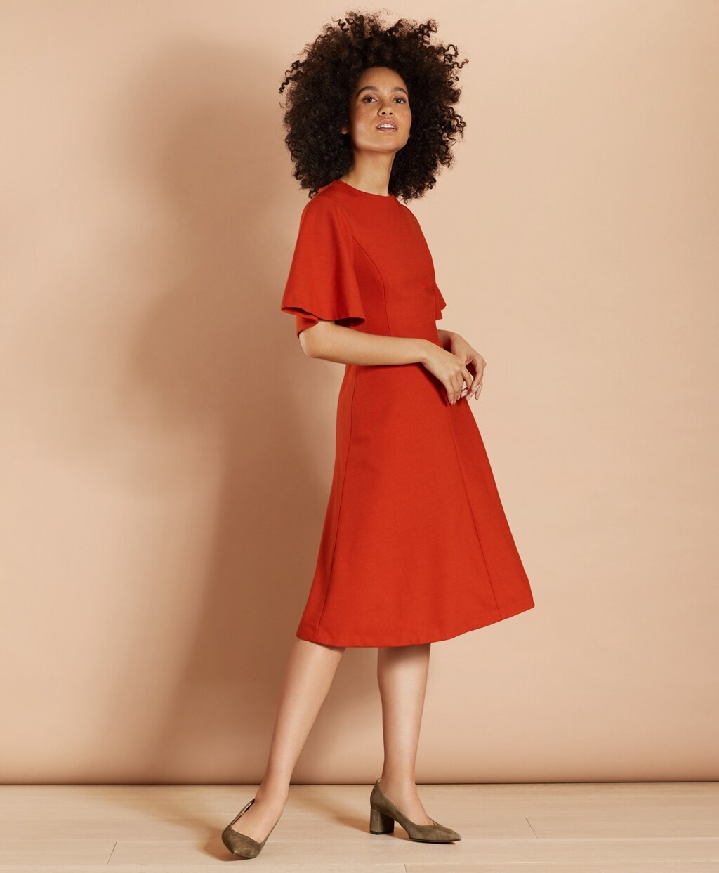 Wool-Blend Twill Bell-Sleeve Midi Dress
