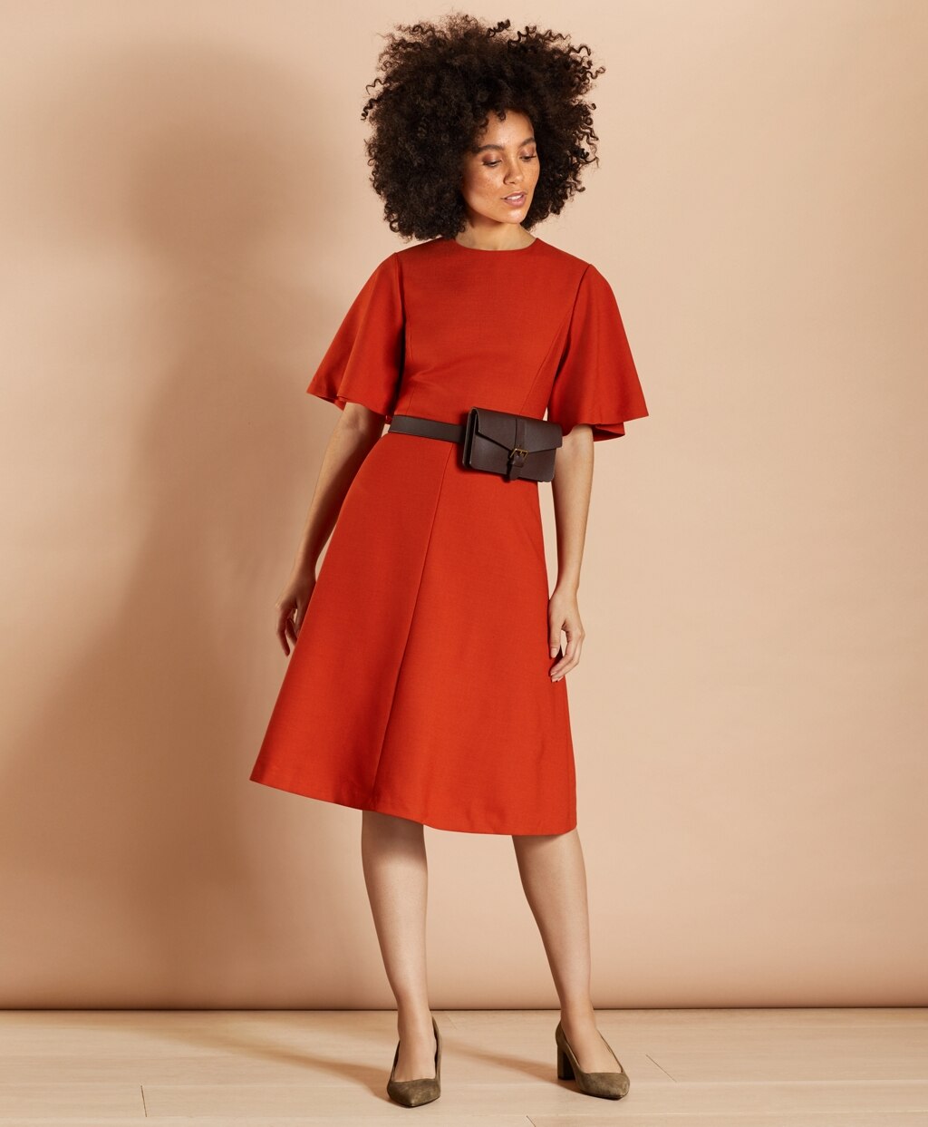 Wool-Blend Twill Bell-Sleeve Midi Dress