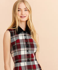 Velvet-Trimmed Plaid Wool-Blend Shirt Dress