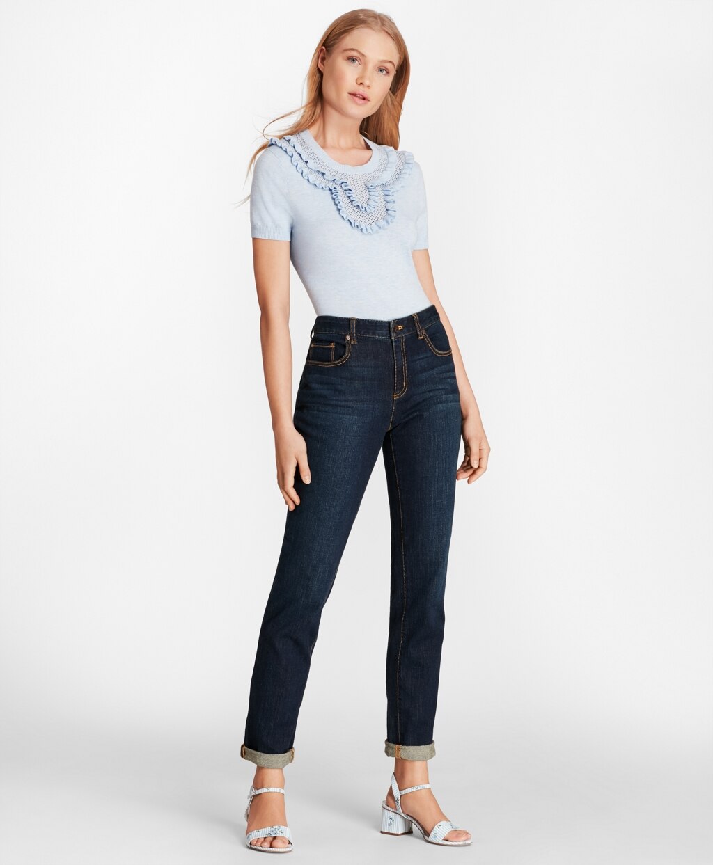 Ruffled Pointelle-Yoke Sweater