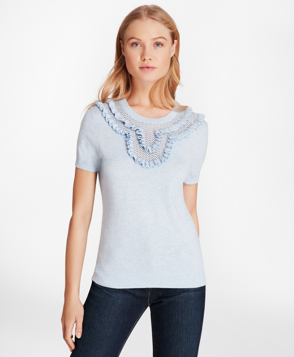 Ruffled Pointelle-Yoke Sweater