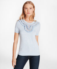 Ruffled Pointelle-Yoke Sweater