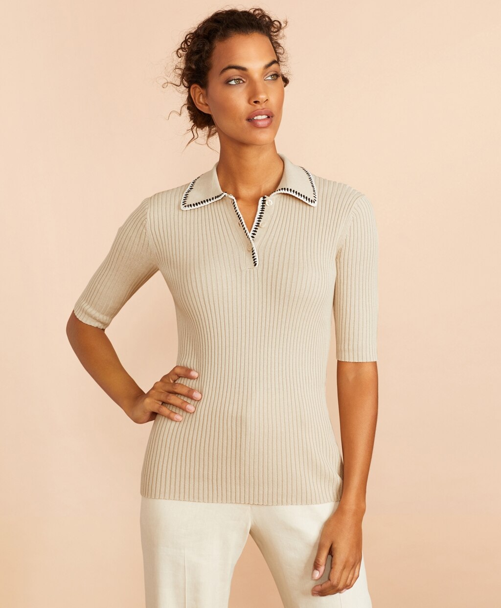 Rib-Knit Cotton Polo Sweater
