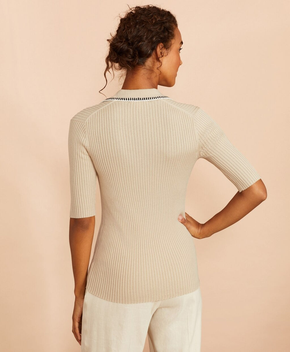 Rib-Knit Cotton Polo Sweater