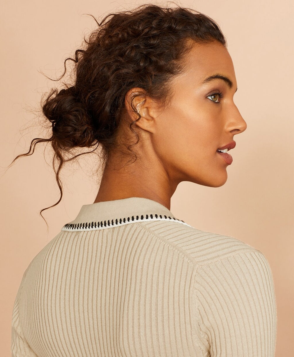 Rib-Knit Cotton Polo Sweater