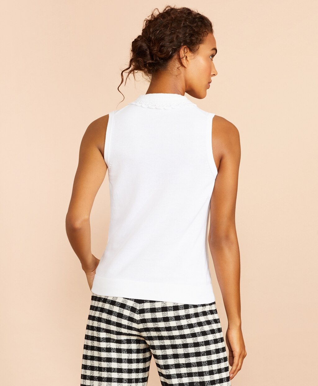 Crochet Lace-Trimmed Cotton Sleeveless Polo