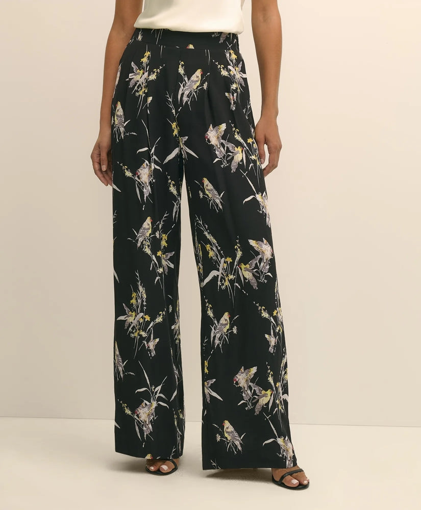 Easy Fit Elastic Back Wide-Leg Soft Bird Print Pants